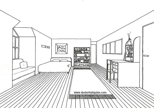 one point perspective drawing - room