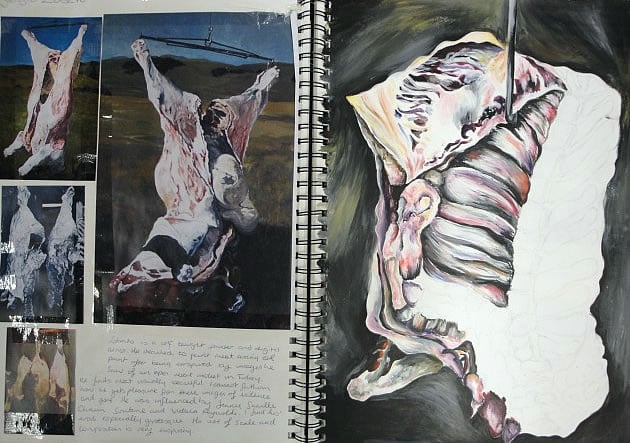 sketchbook page exploring meat carcasses